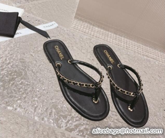 Best Product Chanel Leather Flat Thong Slide Sandals with Chain Black 619098