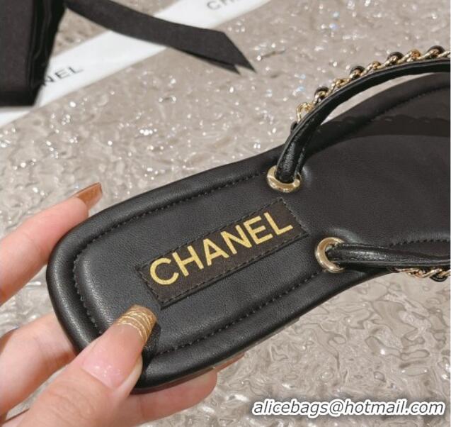 Best Product Chanel Leather Flat Thong Slide Sandals with Chain Black 619098