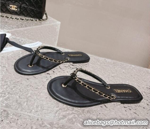 Best Product Chanel Leather Flat Thong Slide Sandals with Chain Black 619098