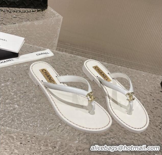 Discount Chanel Leather Flat Thong Slide Sandals with Metal CC White 619099