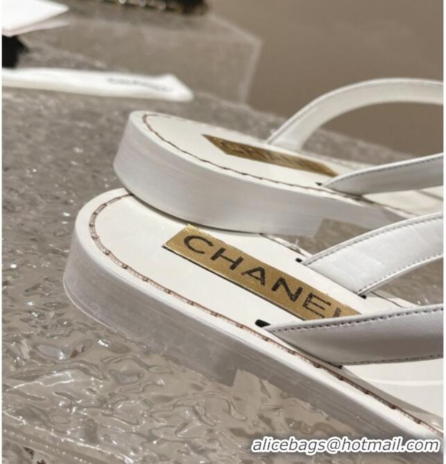 Discount Chanel Leather Flat Thong Slide Sandals with Metal CC White 619099