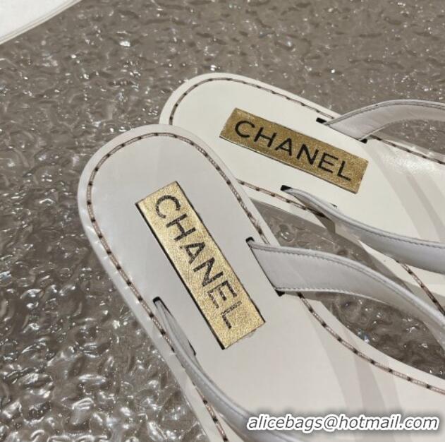 Discount Chanel Leather Flat Thong Slide Sandals with Metal CC White 619099