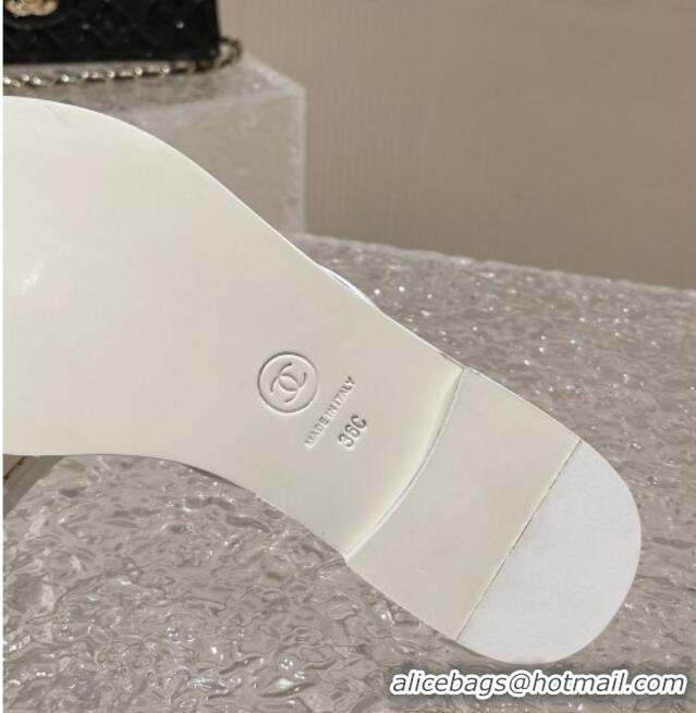 Discount Chanel Leather Flat Thong Slide Sandals with Metal CC White 619099