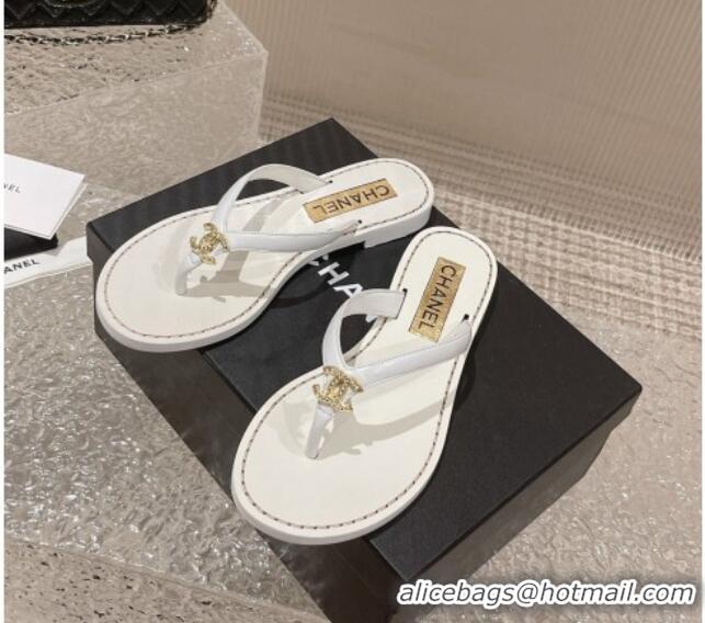 Discount Chanel Leather Flat Thong Slide Sandals with Metal CC White 619099