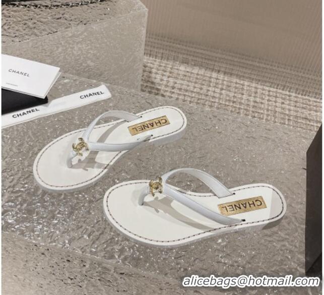 Discount Chanel Leather Flat Thong Slide Sandals with Metal CC White 619099