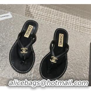 Best Grade Chanel Leather Flat Thong Slide Sandals with Metal CC Black 619100