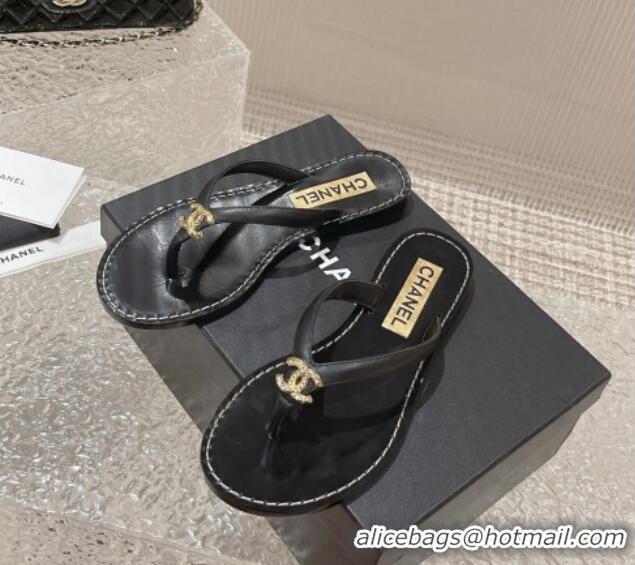 Best Grade Chanel Leather Flat Thong Slide Sandals with Metal CC Black 619100