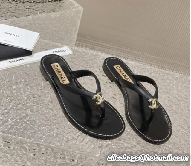 Best Grade Chanel Leather Flat Thong Slide Sandals with Metal CC Black 619100