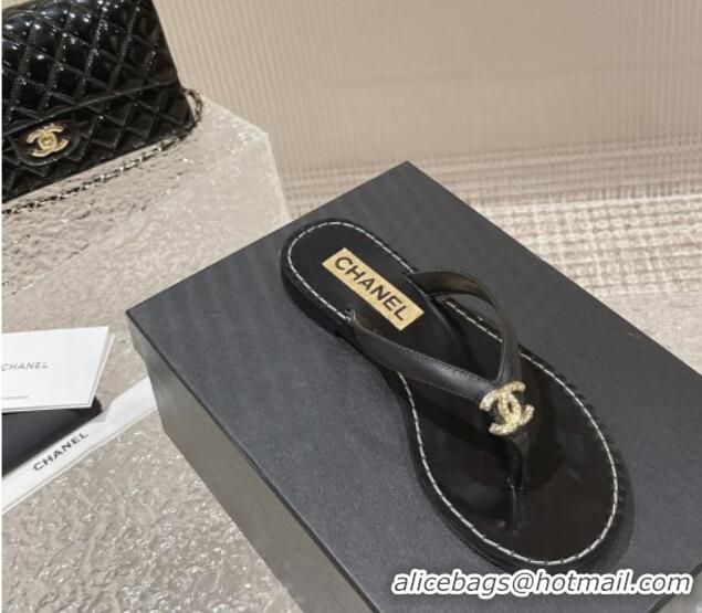 Best Grade Chanel Leather Flat Thong Slide Sandals with Metal CC Black 619100