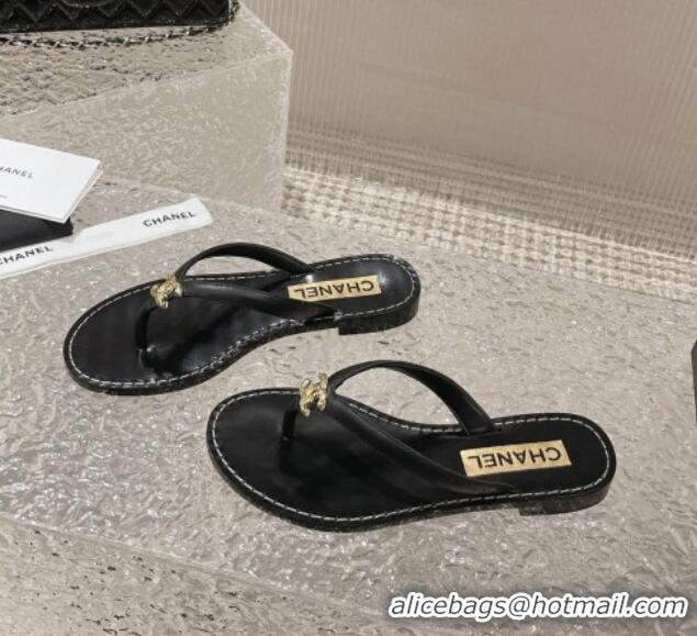 Best Grade Chanel Leather Flat Thong Slide Sandals with Metal CC Black 619100