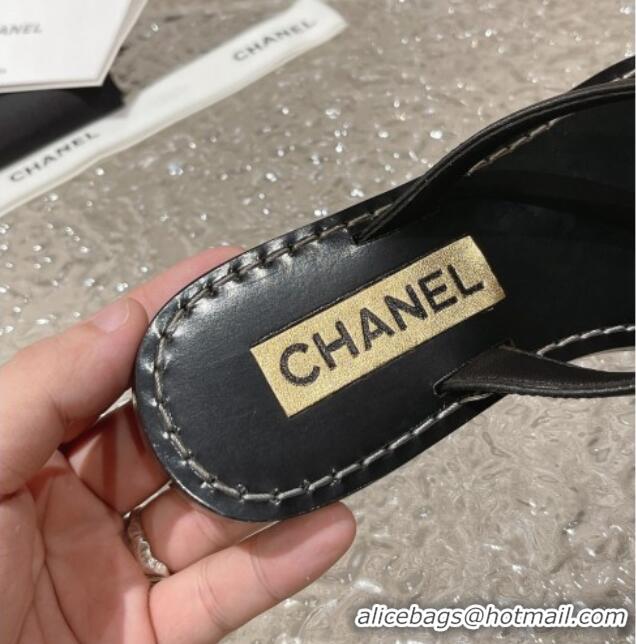 Best Grade Chanel Leather Flat Thong Slide Sandals with Metal CC Black 619100