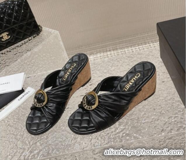 Low Price Chanel Lambskin Wedge Slide Sandals with Buckle 7cm Black 619101