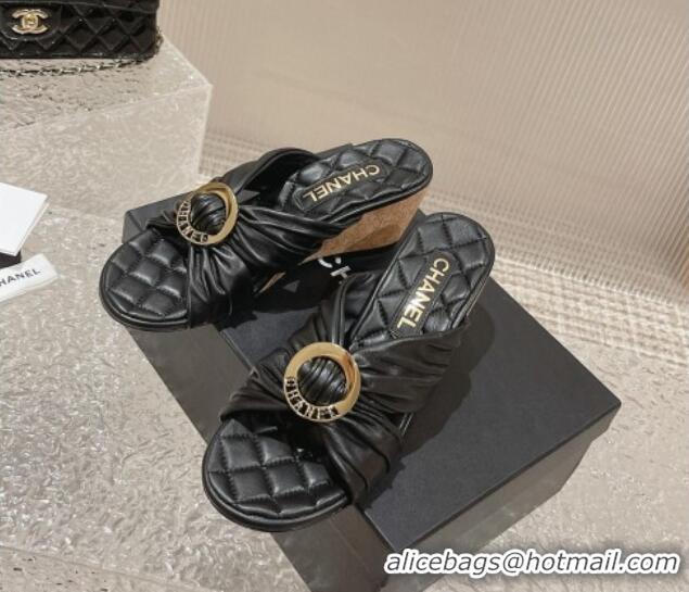 Low Price Chanel Lambskin Wedge Slide Sandals with Buckle 7cm Black 619101