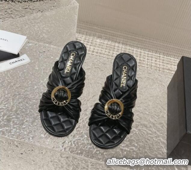 Low Price Chanel Lambskin Wedge Slide Sandals with Buckle 7cm Black 619101