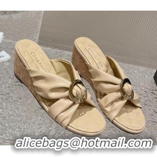 Classic Hot Chanel Lambskin Wedge Slide Sandals with Buckle 7cm Beige 619102