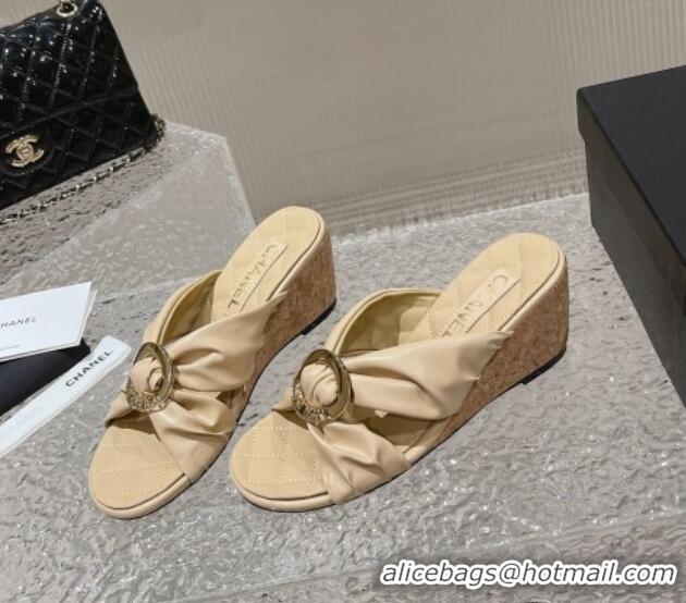 Classic Hot Chanel Lambskin Wedge Slide Sandals with Buckle 7cm Beige 619102