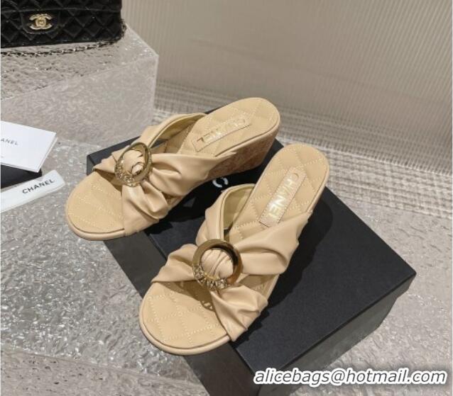 Classic Hot Chanel Lambskin Wedge Slide Sandals with Buckle 7cm Beige 619102