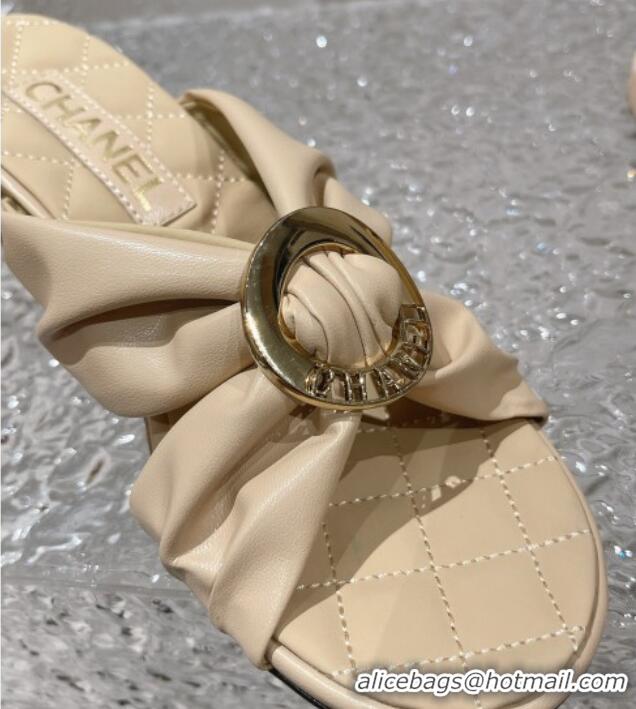 Classic Hot Chanel Lambskin Wedge Slide Sandals with Buckle 7cm Beige 619102