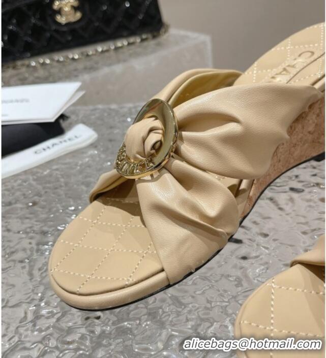 Classic Hot Chanel Lambskin Wedge Slide Sandals with Buckle 7cm Beige 619102