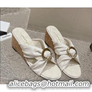 Stylish Chanel Lambskin Wedge Slide Sandals with Buckle 7cm White 619103 