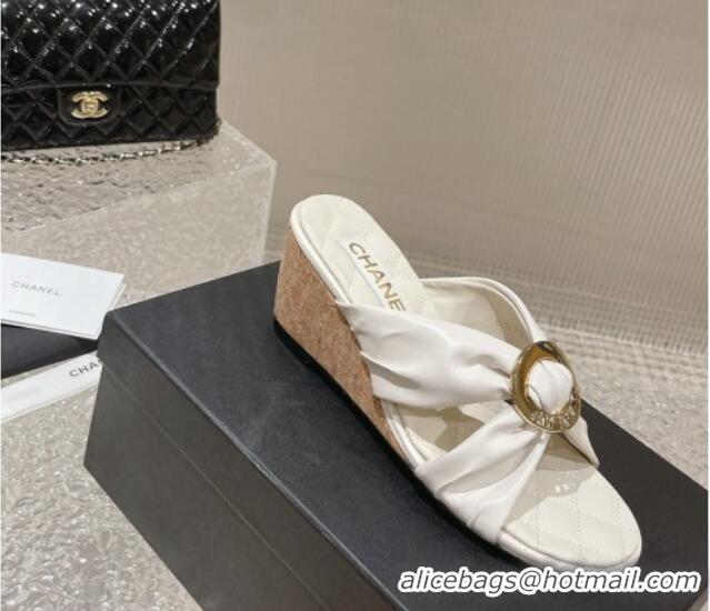 Stylish Chanel Lambskin Wedge Slide Sandals with Buckle 7cm White 619103 