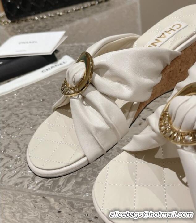 Stylish Chanel Lambskin Wedge Slide Sandals with Buckle 7cm White 619103 