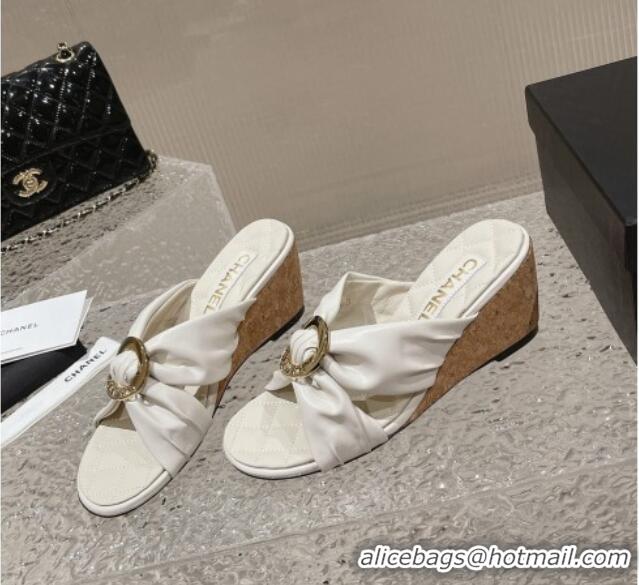 Stylish Chanel Lambskin Wedge Slide Sandals with Buckle 7cm White 619103 