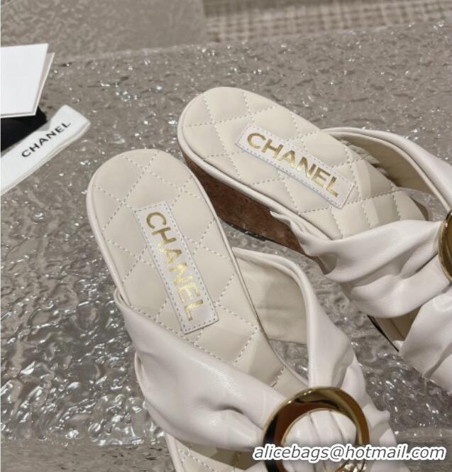 Stylish Chanel Lambskin Wedge Slide Sandals with Buckle 7cm White 619103 