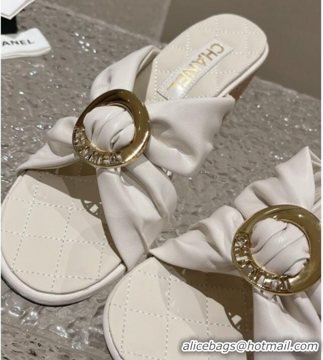 Stylish Chanel Lambskin Wedge Slide Sandals with Buckle 7cm White 619103 