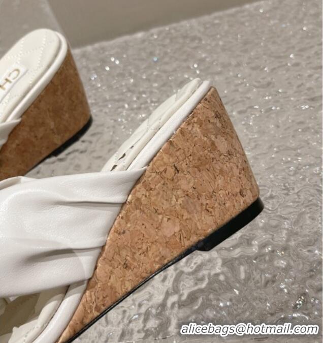 Stylish Chanel Lambskin Wedge Slide Sandals with Buckle 7cm White 619103 