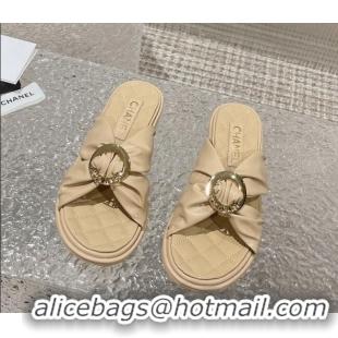 Top Grade Chanel Lambskin Flat Slide Sandals with Buckle Beige 619104