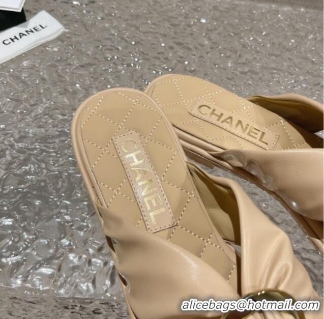 Top Grade Chanel Lambskin Flat Slide Sandals with Buckle Beige 619104