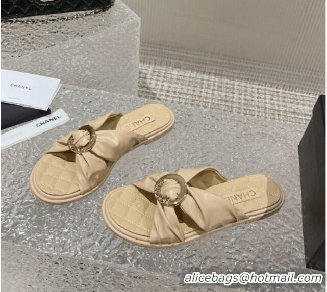 Top Grade Chanel Lambskin Flat Slide Sandals with Buckle Beige 619104