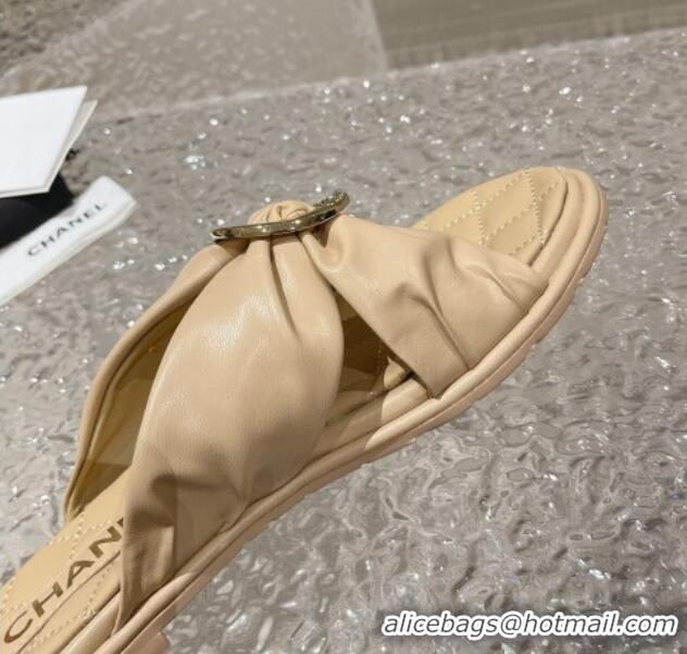 Top Grade Chanel Lambskin Flat Slide Sandals with Buckle Beige 619104