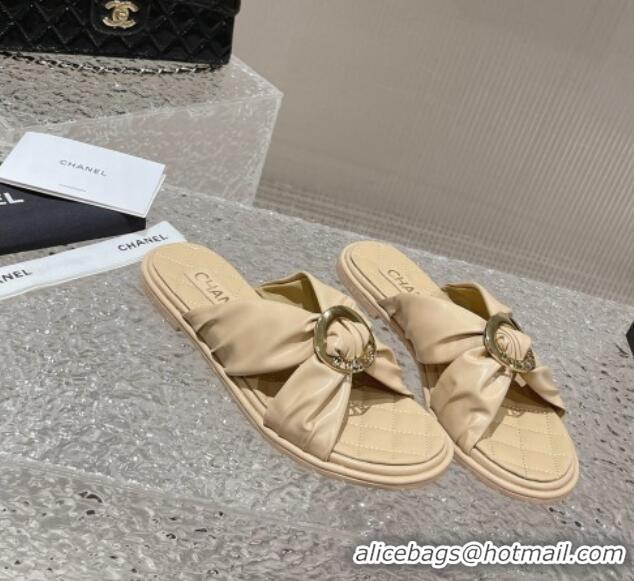 Top Grade Chanel Lambskin Flat Slide Sandals with Buckle Beige 619104