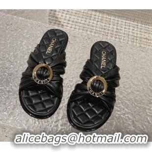 Good Quality Chanel Lambskin Flat Slide Sandals with Buckle Black 619105