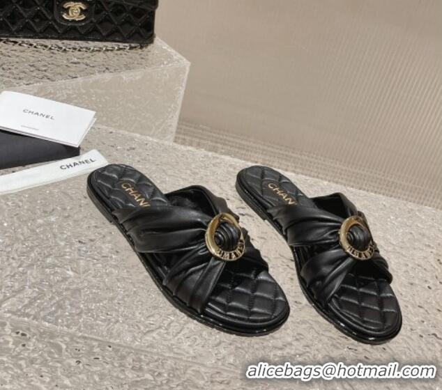 Good Quality Chanel Lambskin Flat Slide Sandals with Buckle Black 619105