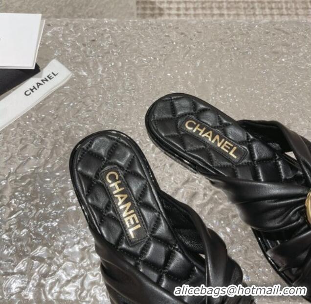 Good Quality Chanel Lambskin Flat Slide Sandals with Buckle Black 619105