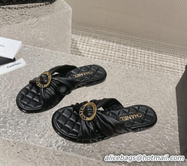 Good Quality Chanel Lambskin Flat Slide Sandals with Buckle Black 619105