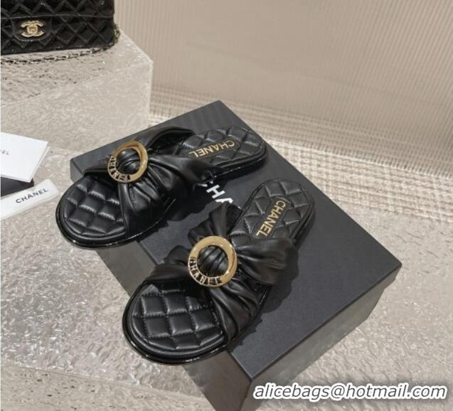 Good Quality Chanel Lambskin Flat Slide Sandals with Buckle Black 619105