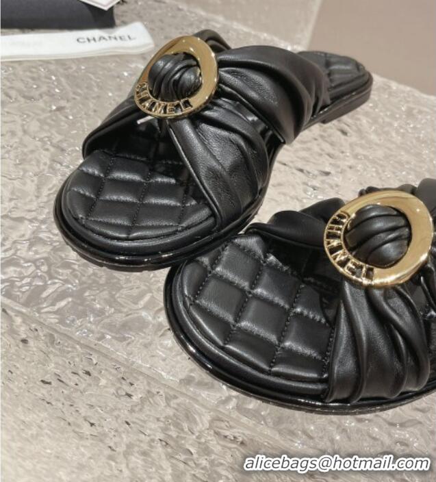 Good Quality Chanel Lambskin Flat Slide Sandals with Buckle Black 619105