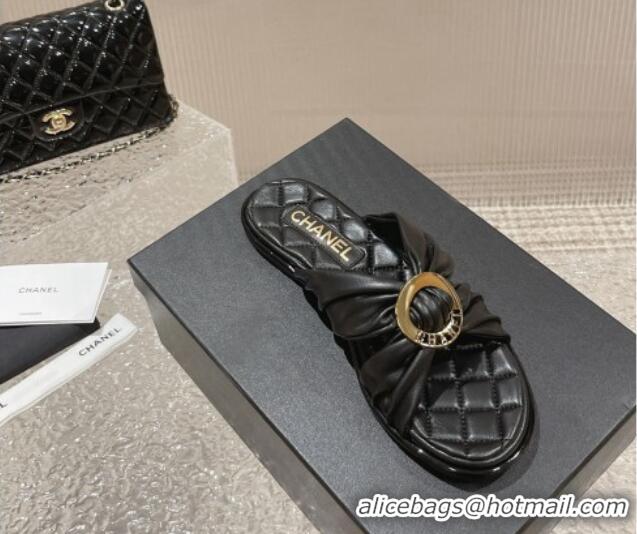 Good Quality Chanel Lambskin Flat Slide Sandals with Buckle Black 619105