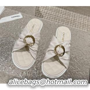 Purchase Chanel Lambskin Flat Slide Sandals with Buckle White 619106