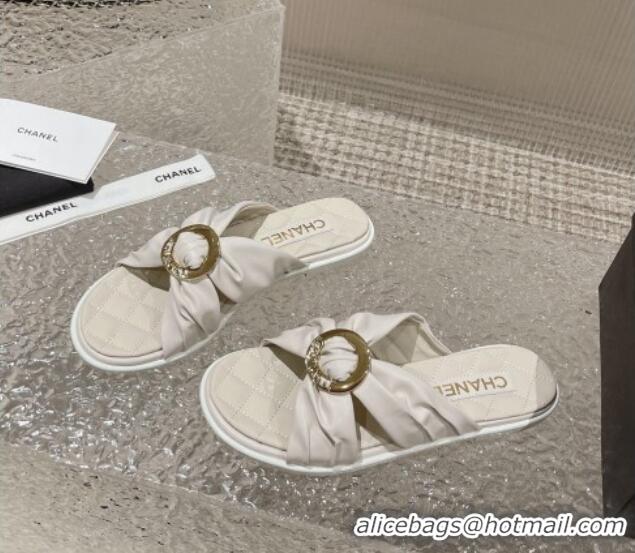 Purchase Chanel Lambskin Flat Slide Sandals with Buckle White 619106