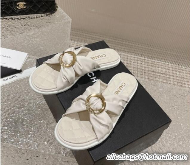 Purchase Chanel Lambskin Flat Slide Sandals with Buckle White 619106