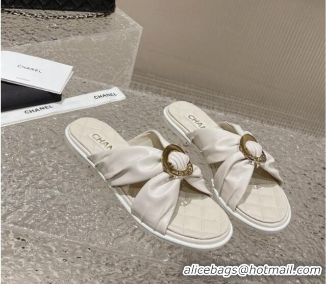 Purchase Chanel Lambskin Flat Slide Sandals with Buckle White 619106