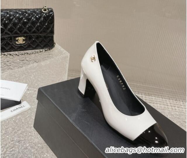 Best Price Chanel Patent Calfskin Medium Heel Pumps 6.5cm White 619107 