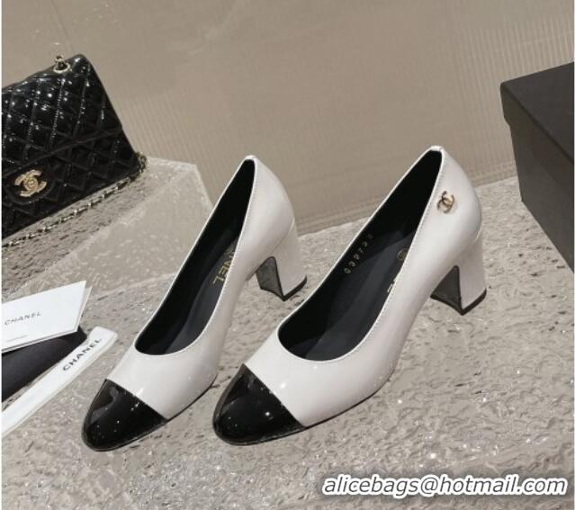 Best Price Chanel Patent Calfskin Medium Heel Pumps 6.5cm White 619107 