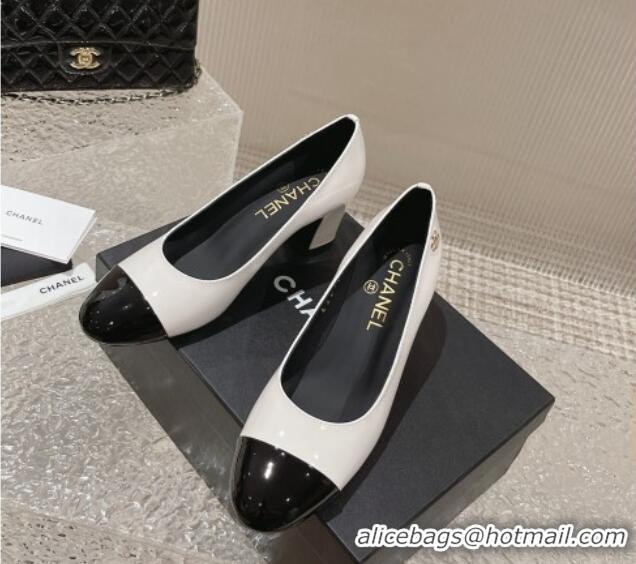 Best Price Chanel Patent Calfskin Medium Heel Pumps 6.5cm White 619107 