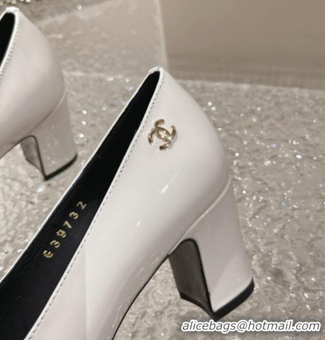 Best Price Chanel Patent Calfskin Medium Heel Pumps 6.5cm White 619107 